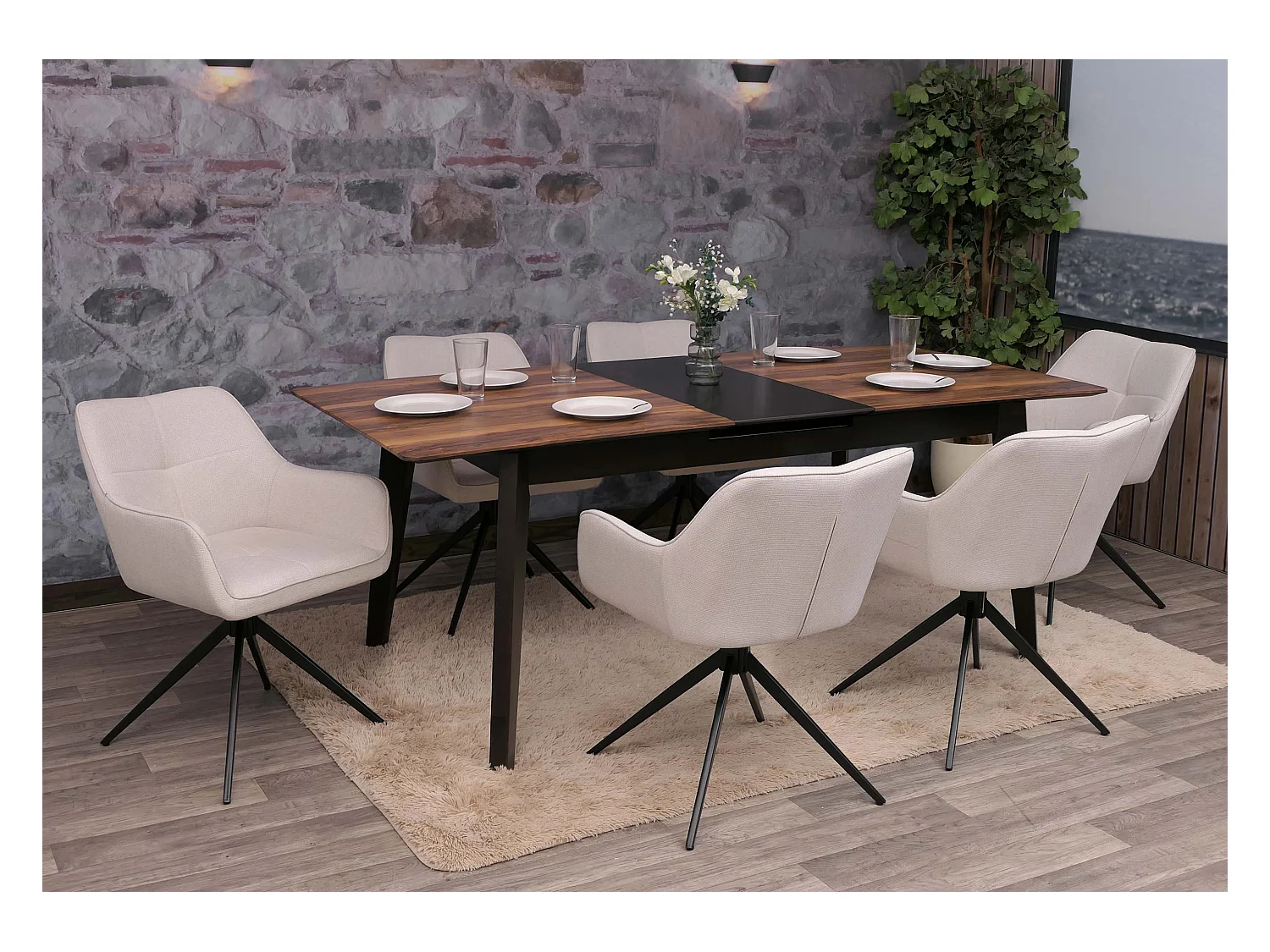 Set 6 sedie sala pranzo MCW-O47, braccioli, girevoli posizionamento automatico, stoffa/tessuto (270g/m²) ~ bianco avorio