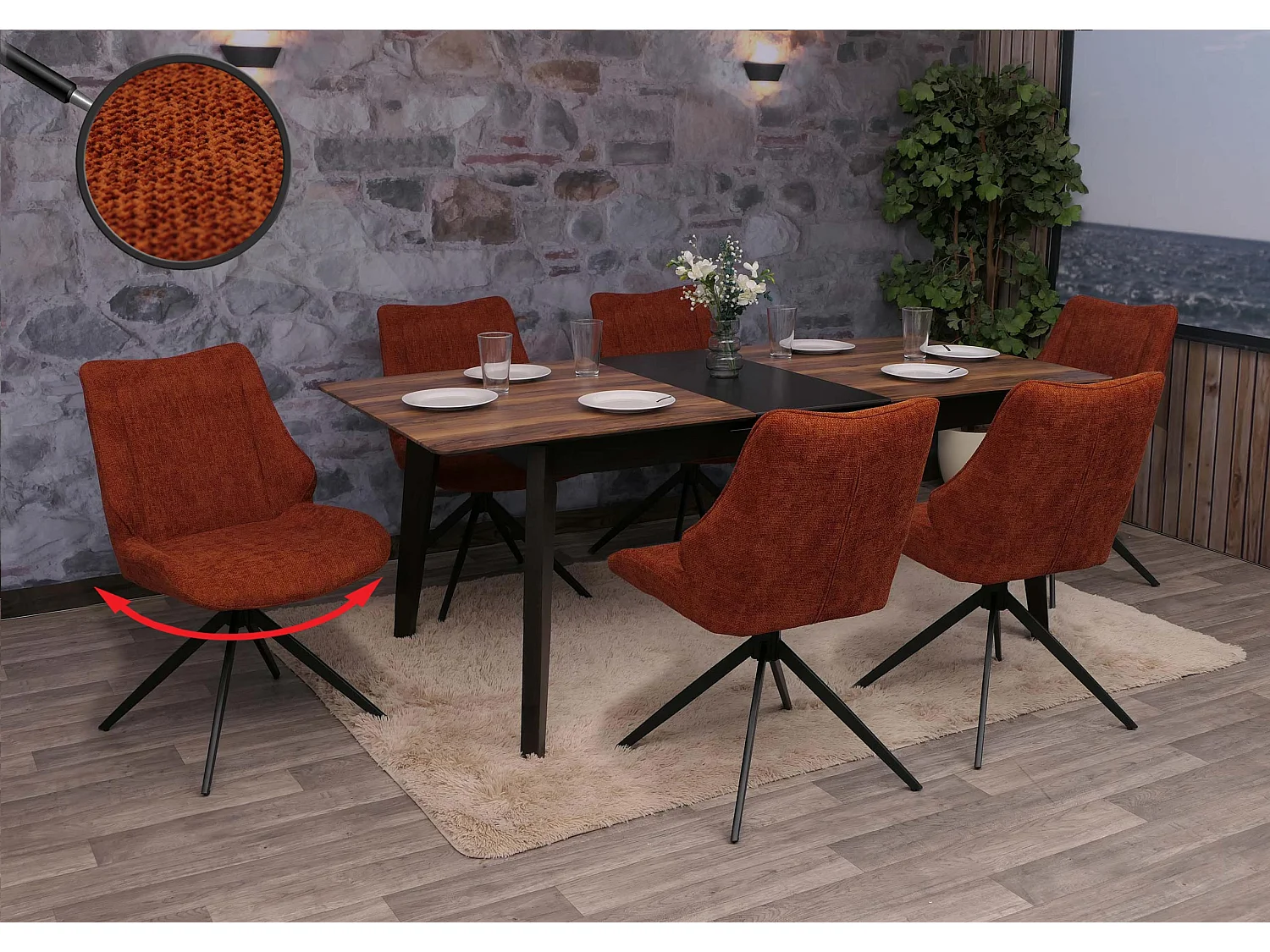 Set 6 sedie sala pranzo MCW-O48, posizionamento automatico girevole, tessuto ciniglia (320g/m²) Oeko-Tex ~ rosso marrone