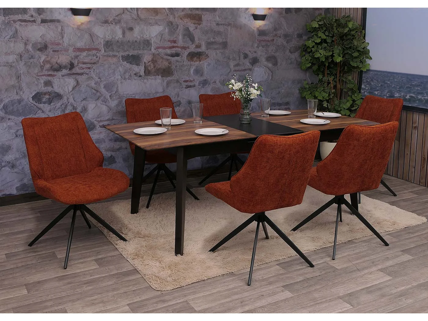 Set 6 sedie sala pranzo MCW-O48, posizionamento automatico girevole, tessuto ciniglia (320g/m²) Oeko-Tex ~ rosso marrone