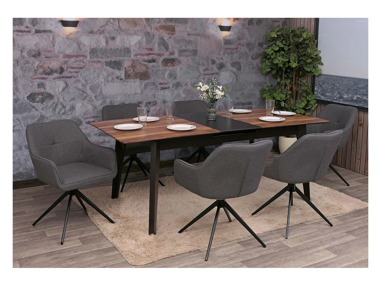 Set 6 sedie sala pranzo MCW-O47, braccioli, girevoli posizionamento automatico, stoffa/tessuto (270g/m²) ~ grigio