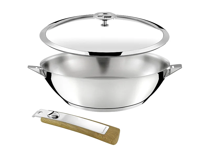 Eclipse - Set 1 wok 28cm inox avec couvercle, 1 poignée amovible effet bois