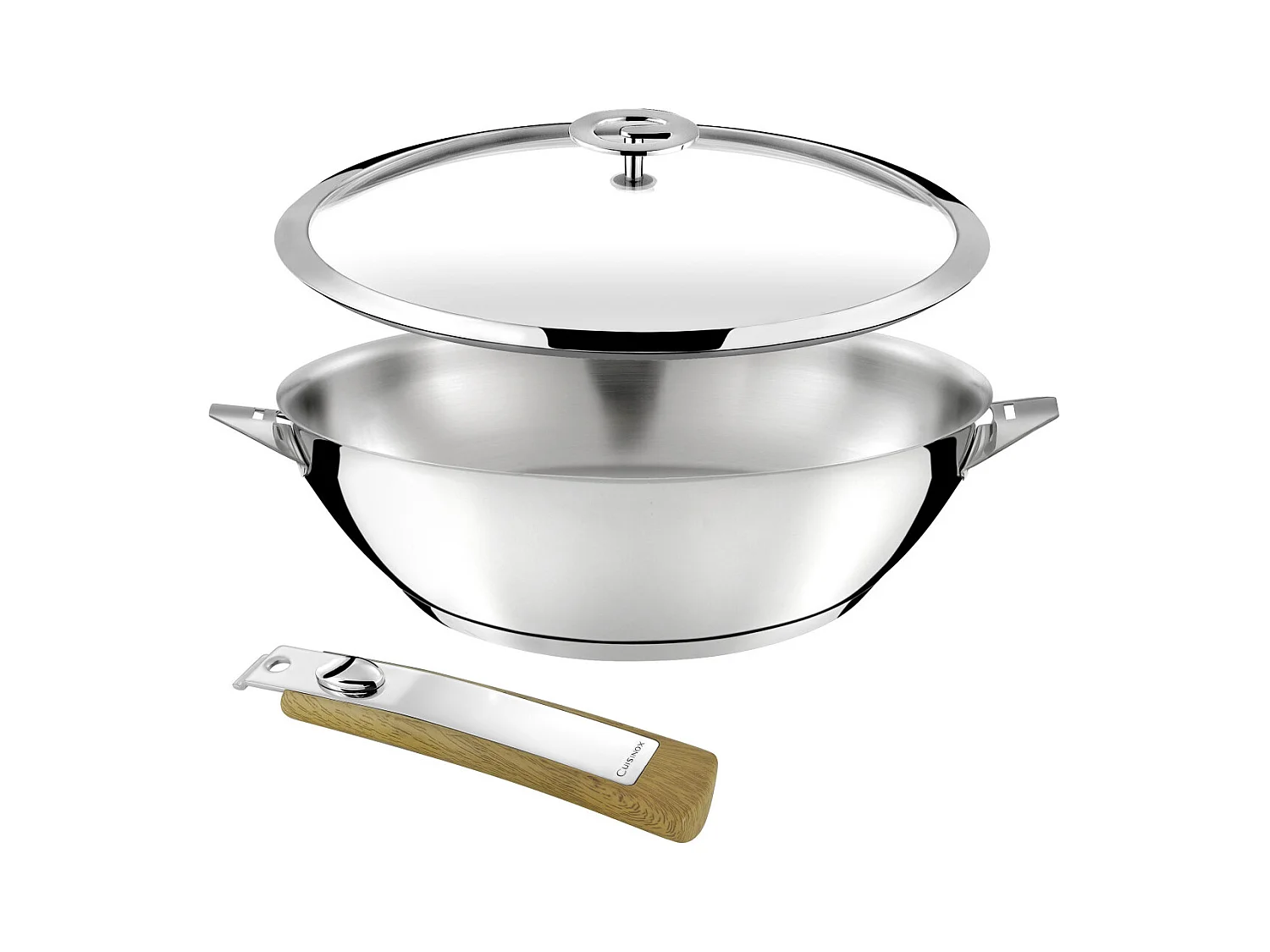 Eclipse - Set 1 wok 28cm inox avec couvercle, 1 poignée amovible effet bois