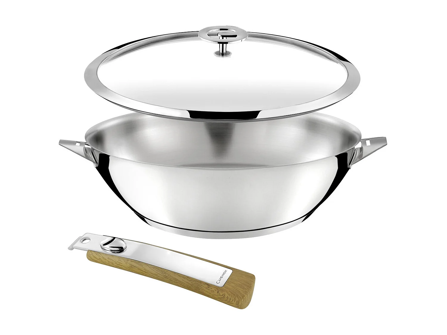 Eclipse - Set 1 wok 28cm inox avec couvercle, 1 poignée amovible effet bois