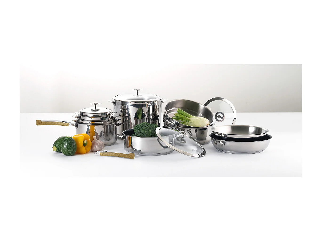 Eclipse - Set 1 wok 28cm inox avec couvercle, 1 poignée amovible effet bois