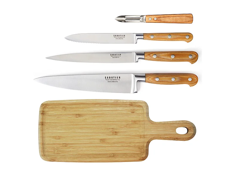 Essentiel - Planche à découper, 3 couteaux de cuisine et 1 éplucheur