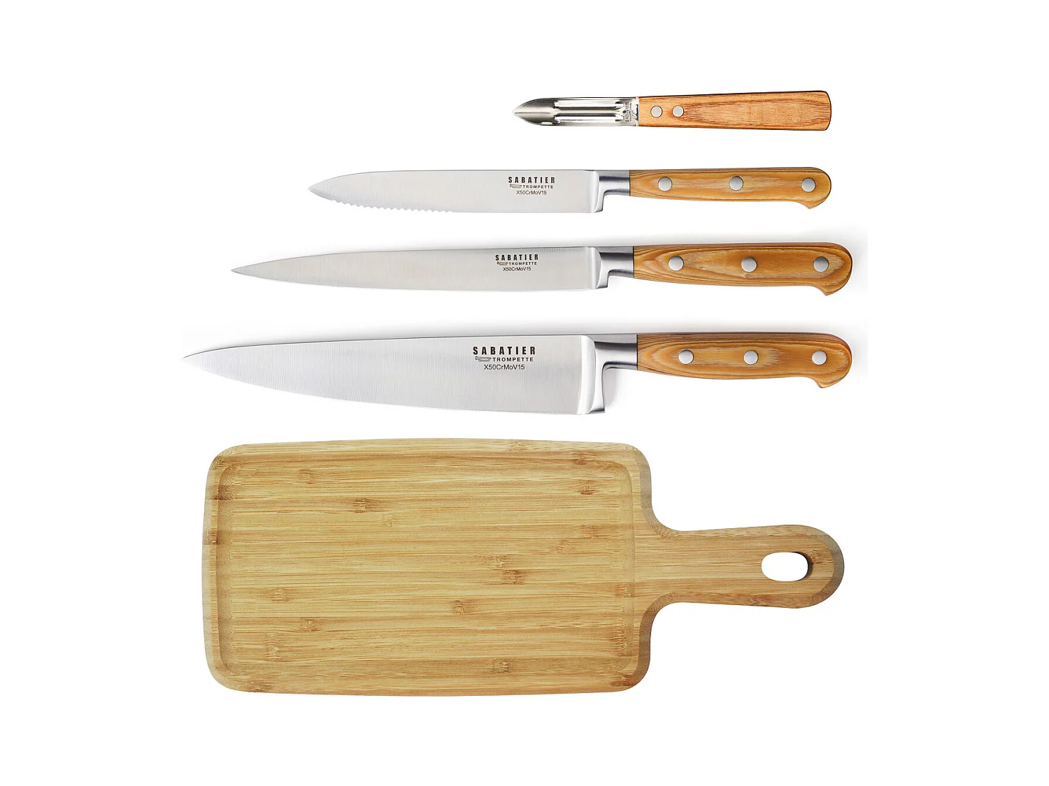 Essentiel - Planche à découper, 3 couteaux de cuisine et 1 éplucheur