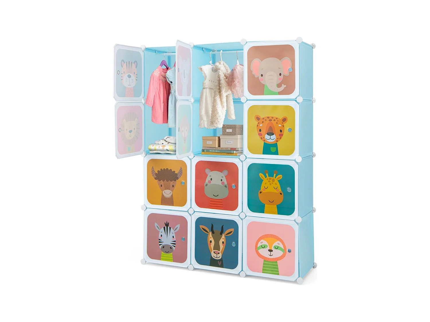 Armoire Cubes pour Enfants Armoire pour Bébé à 12 Cubes avec 2 Sections Suspendues Commode avec Jolis Motifs Bleu