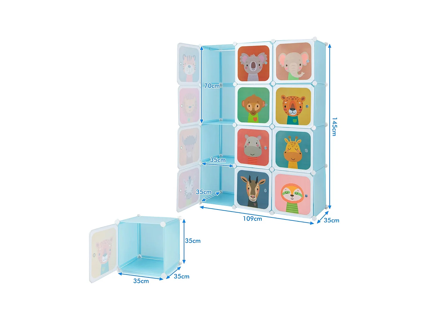 Armoire Cubes pour Enfants Armoire pour Bébé à 12 Cubes avec 2 Sections Suspendues Commode avec Jolis Motifs Bleu