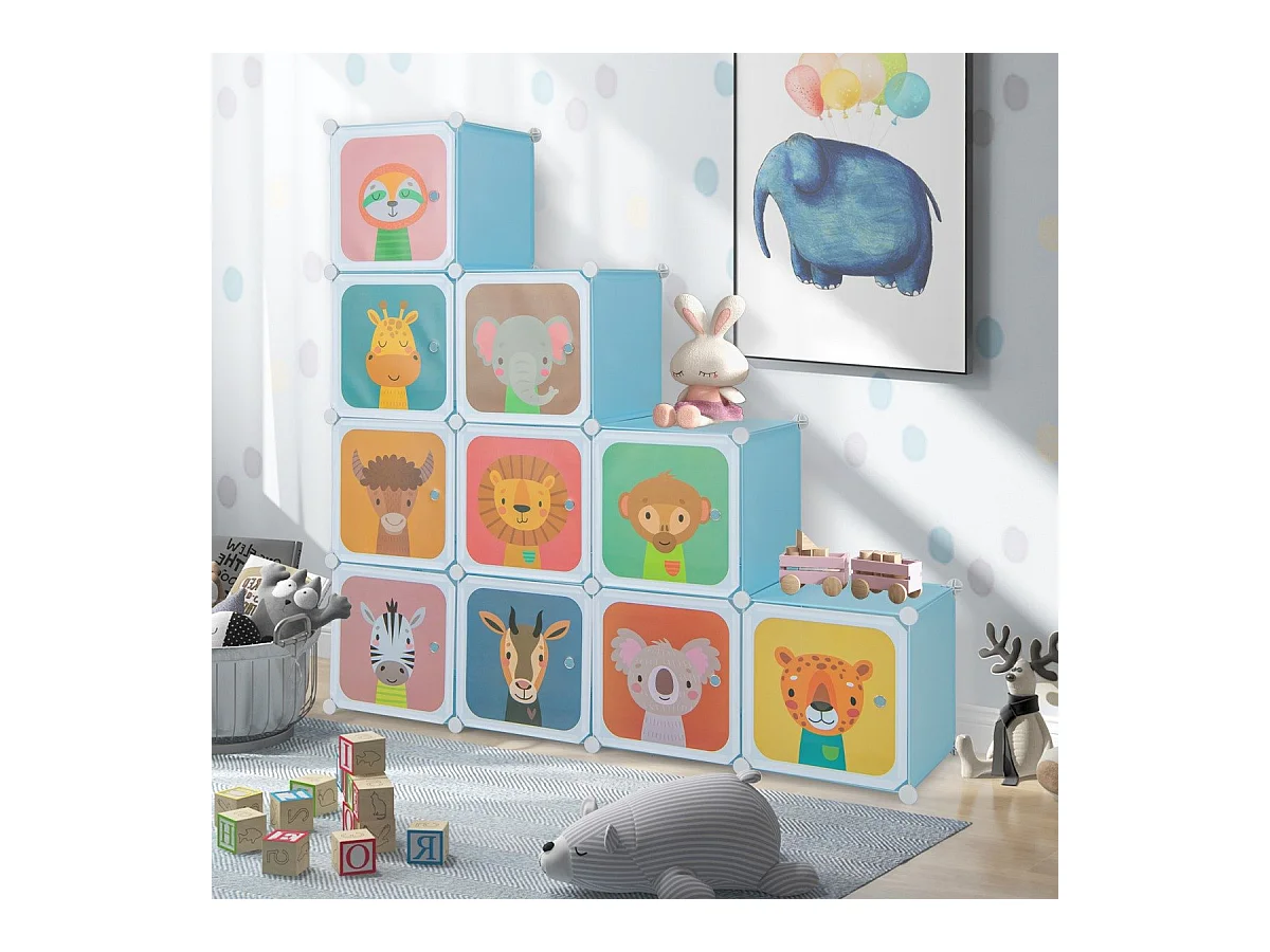 Armoire Cubes pour Enfants Armoire pour Bébé à 12 Cubes avec 2 Sections Suspendues Commode avec Jolis Motifs Bleu