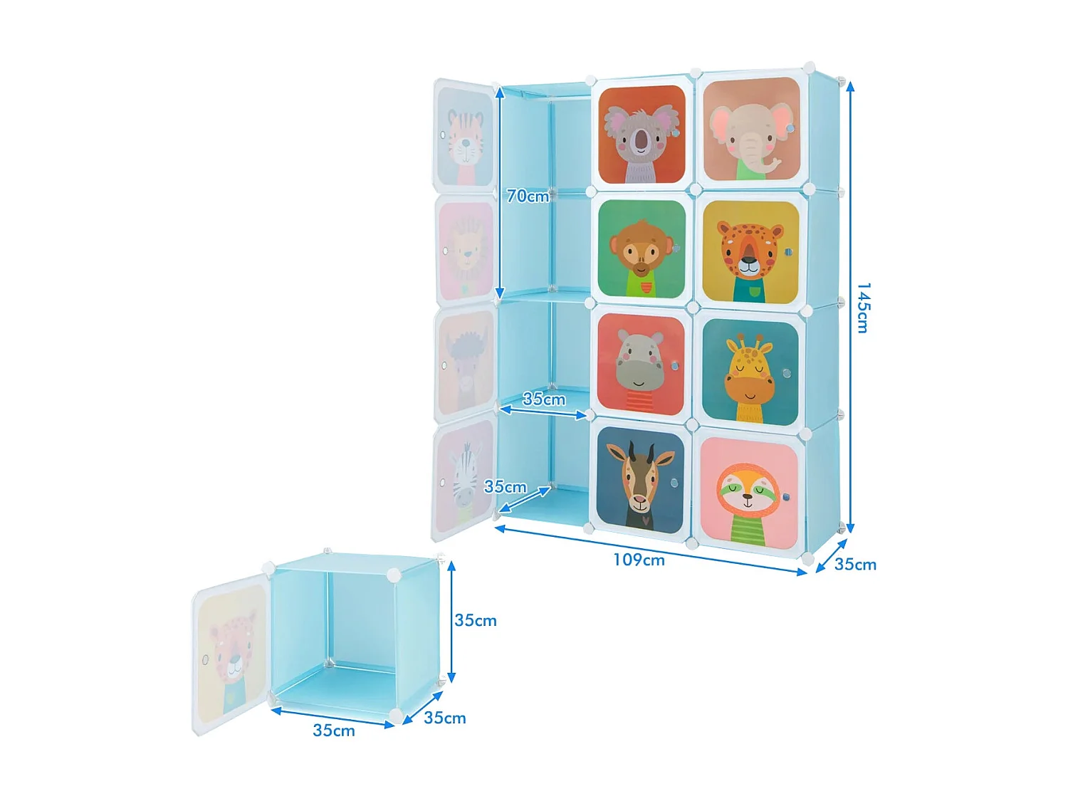 Kinder Kleiderschrank aus Kunststoff mit 12 Würfeln Kinderregal mit Türen & 2 Aufhänger Blau