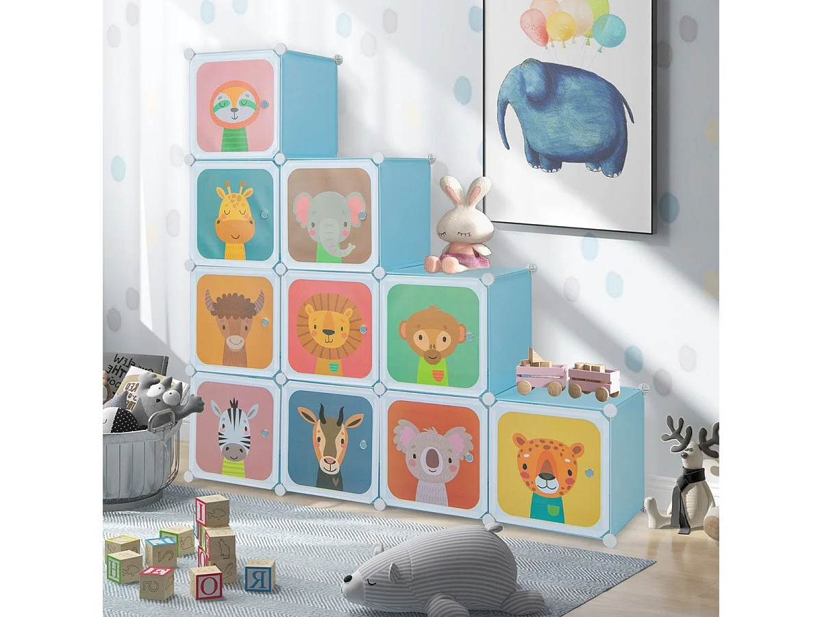 Kinder Kleiderschrank aus Kunststoff mit 12 Würfeln Kinderregal mit Türen & 2 Aufhänger Blau
