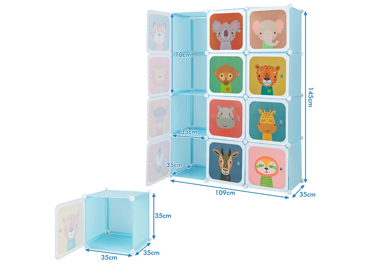 Armoire Cubes pour Enfants Armoire pour Bébé à 12 Cubes avec 2 Sections Suspendues Commode avec Jolis Motifs Bleu