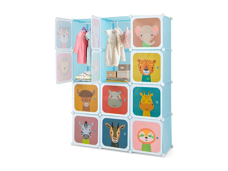 Armadio portatile per bambini, Armadio con 12 cubi con 2 sezioni appendibili comò con cartoon Blu