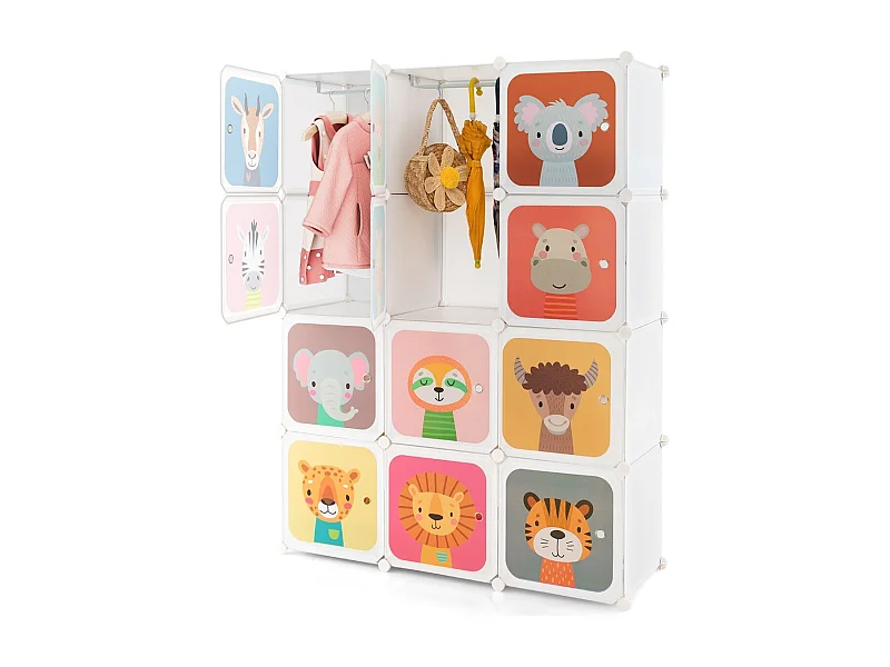 Armoire Cubes pour Enfants Armoire pour Bébé à 12 Cubes avec 2 Sections Suspendues Commode avec Jolis Motifs Blanc