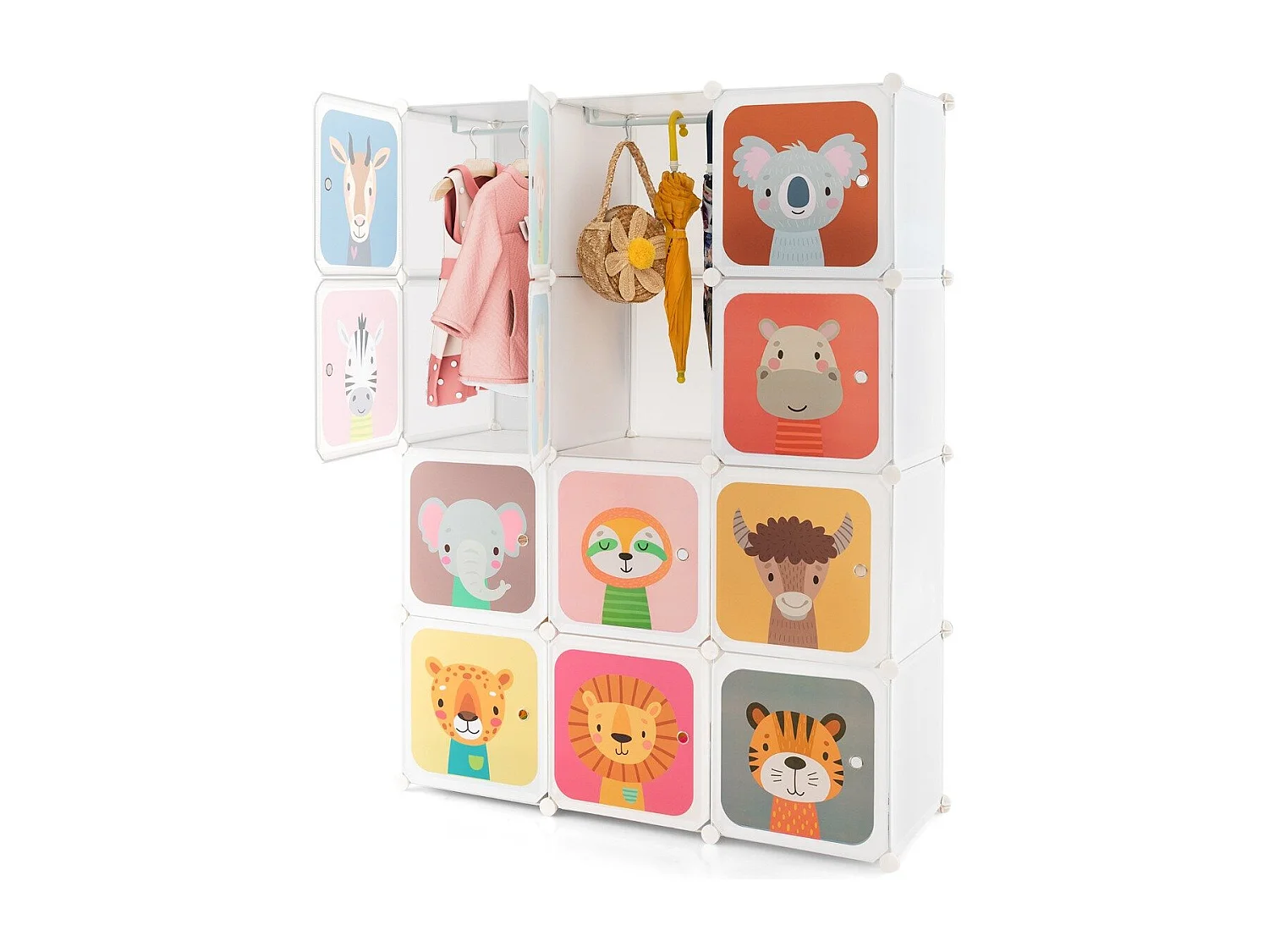Armoire Cubes pour Enfants Armoire pour Bébé à 12 Cubes avec 2 Sections Suspendues Commode avec Jolis Motifs Blanc