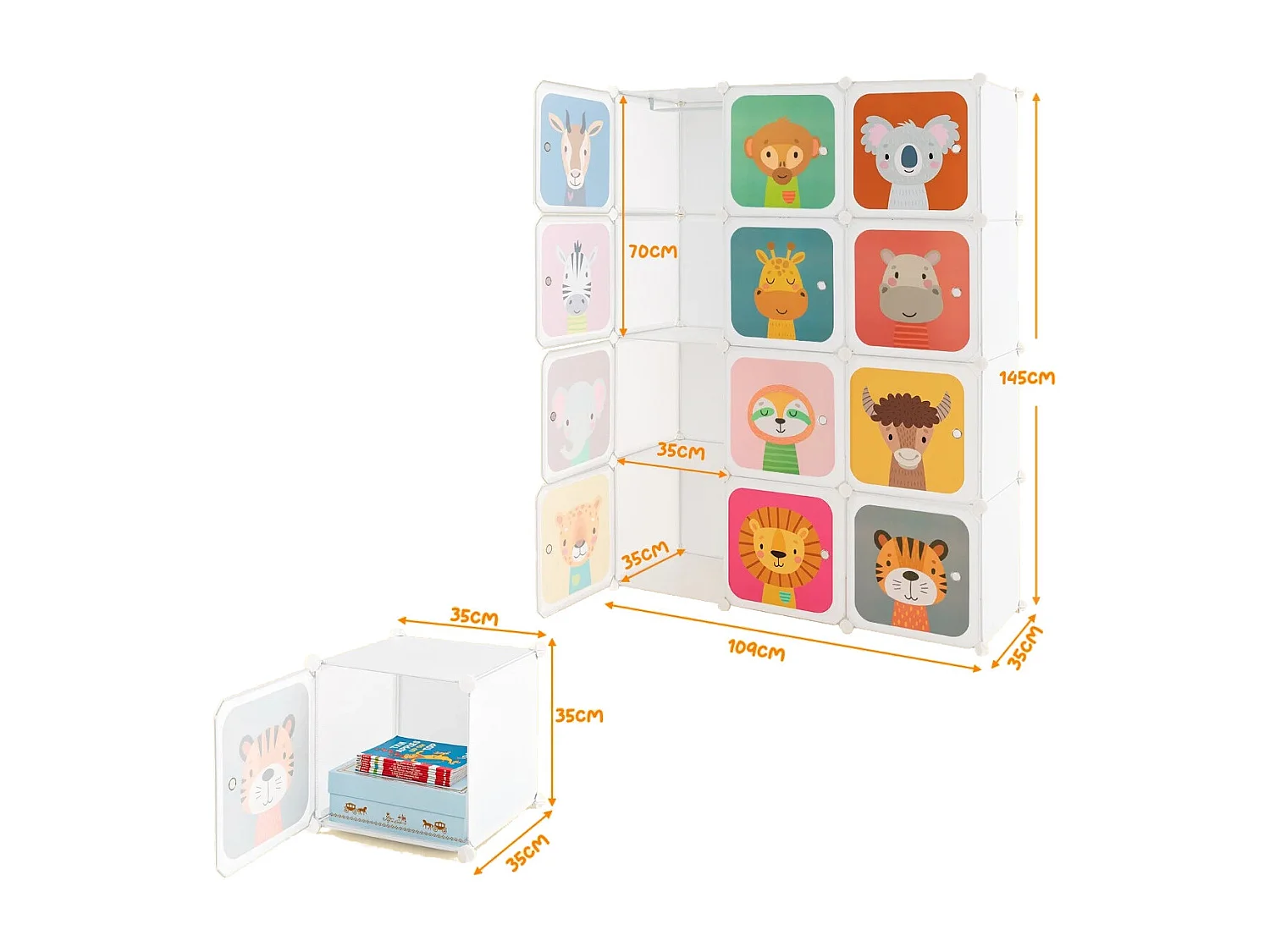 Armoire Cubes pour Enfants Armoire pour Bébé à 12 Cubes avec 2 Sections Suspendues Commode avec Jolis Motifs Blanc
