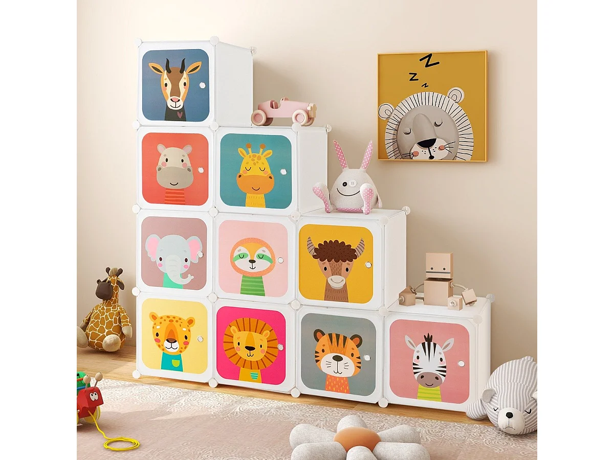 Armadio portatile per bambini, Armadio con 12 cubi con 2 sezioni appendibili comò con cartoon Bianco
