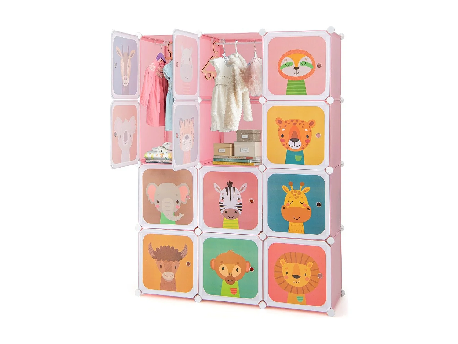 Armoire Cubes pour Enfants Armoire pour Bébé à 12 Cubes avec 2 Sections Suspendues Commode avec Jolis Motifs Rose