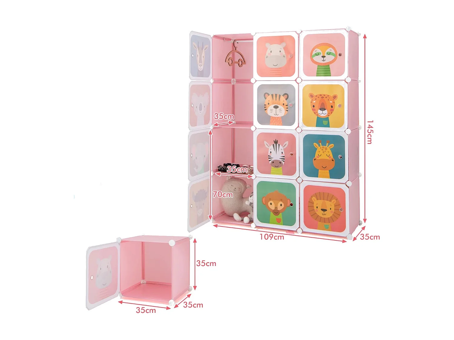 Armoire Cubes pour Enfants Armoire pour Bébé à 12 Cubes avec 2 Sections Suspendues Commode avec Jolis Motifs Rose