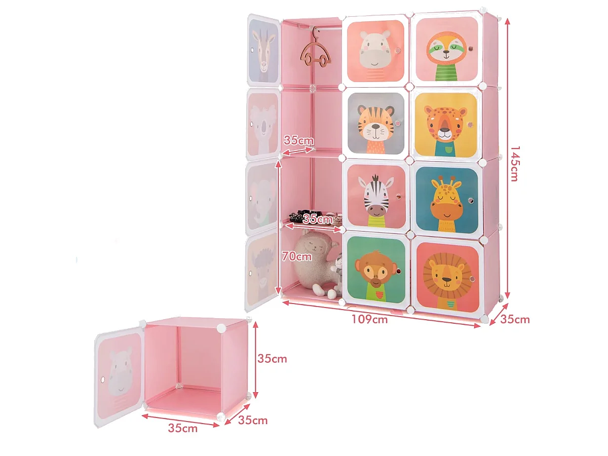 Armadio portatile per bambini, Armadio con 12 cubi con 2 sezioni appendibili comò con cartoon Rosa