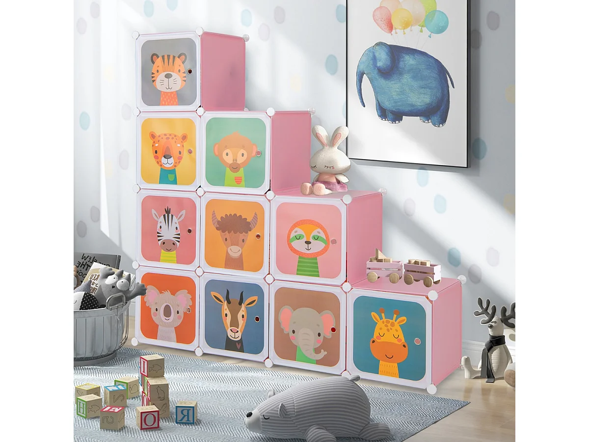 Armadio portatile per bambini, Armadio con 12 cubi con 2 sezioni appendibili comò con cartoon Rosa