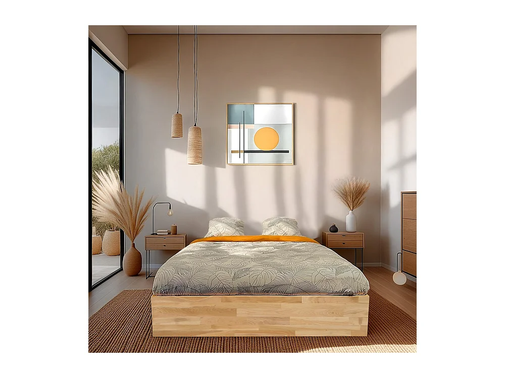 Lit coffre 140x200cm BEN + sommier/ Chêne massif huilé