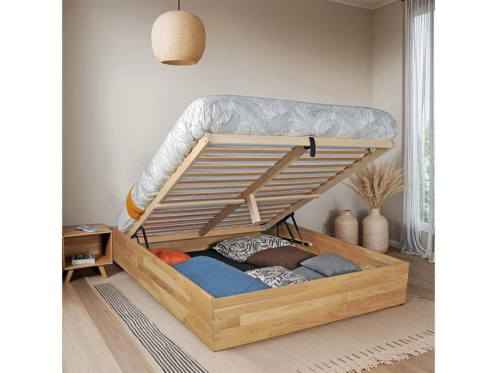 Lit coffre 140x200cm BEN + sommier/ Chêne massif huilé