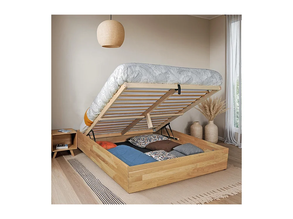 Lit coffre 180x200cm BEN + sommier/ Chêne massif huilé