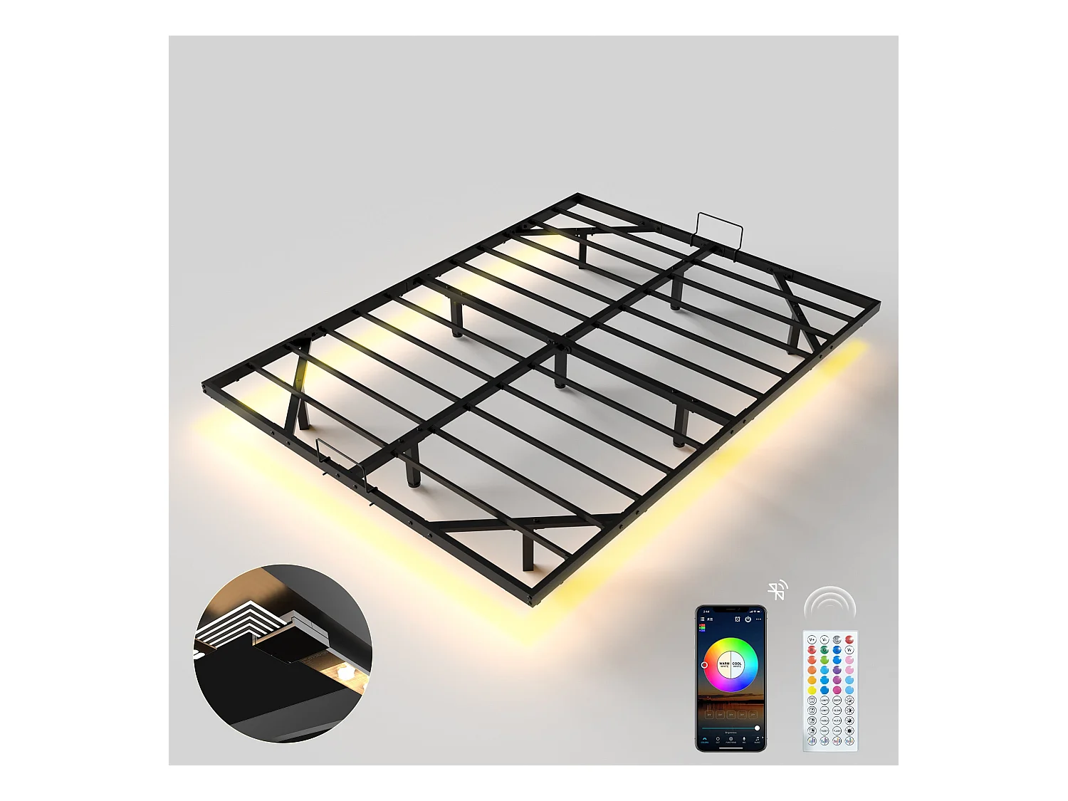 LED cadre de lit en métal, 160x200 cm, hauteur 20 cm, cadre flottant