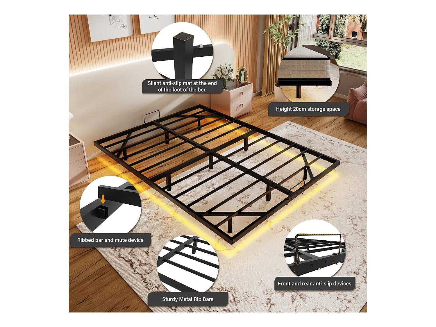 LED cadre de lit en métal, 160x200 cm, hauteur 20 cm, cadre flottant