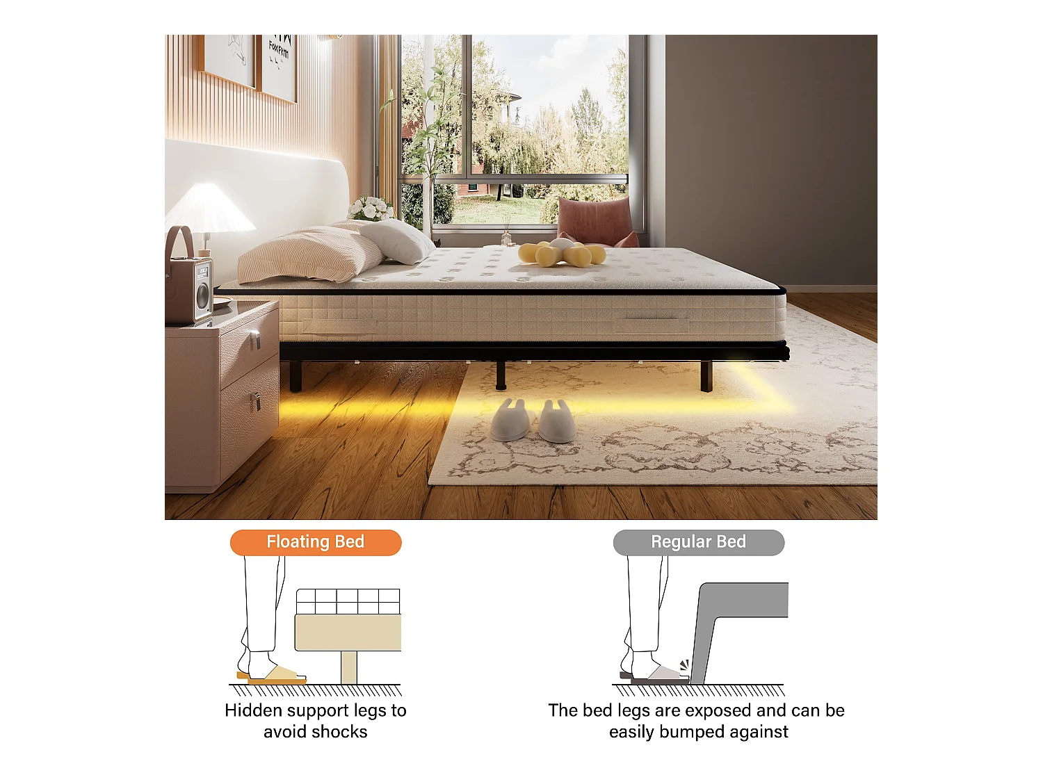 LED cadre de lit en métal, 160x200 cm, hauteur 20 cm, cadre flottant