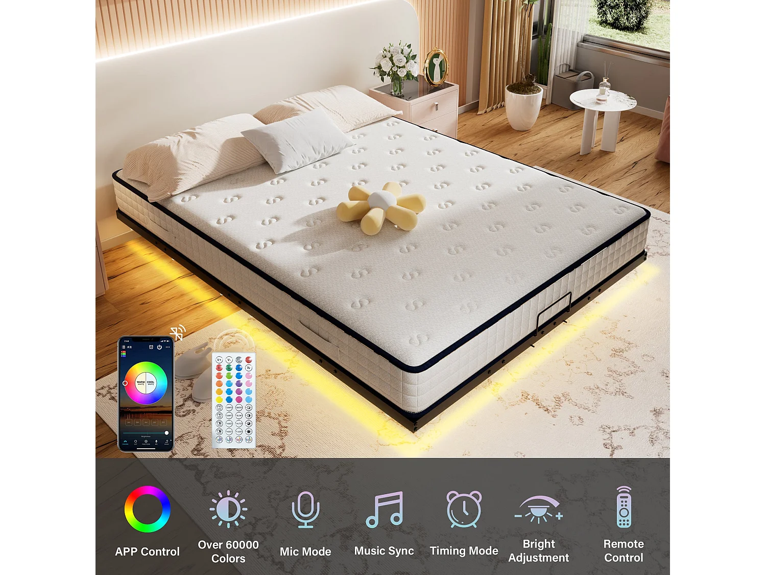 LED cadre de lit en métal, 160x200 cm, hauteur 20 cm, cadre flottant