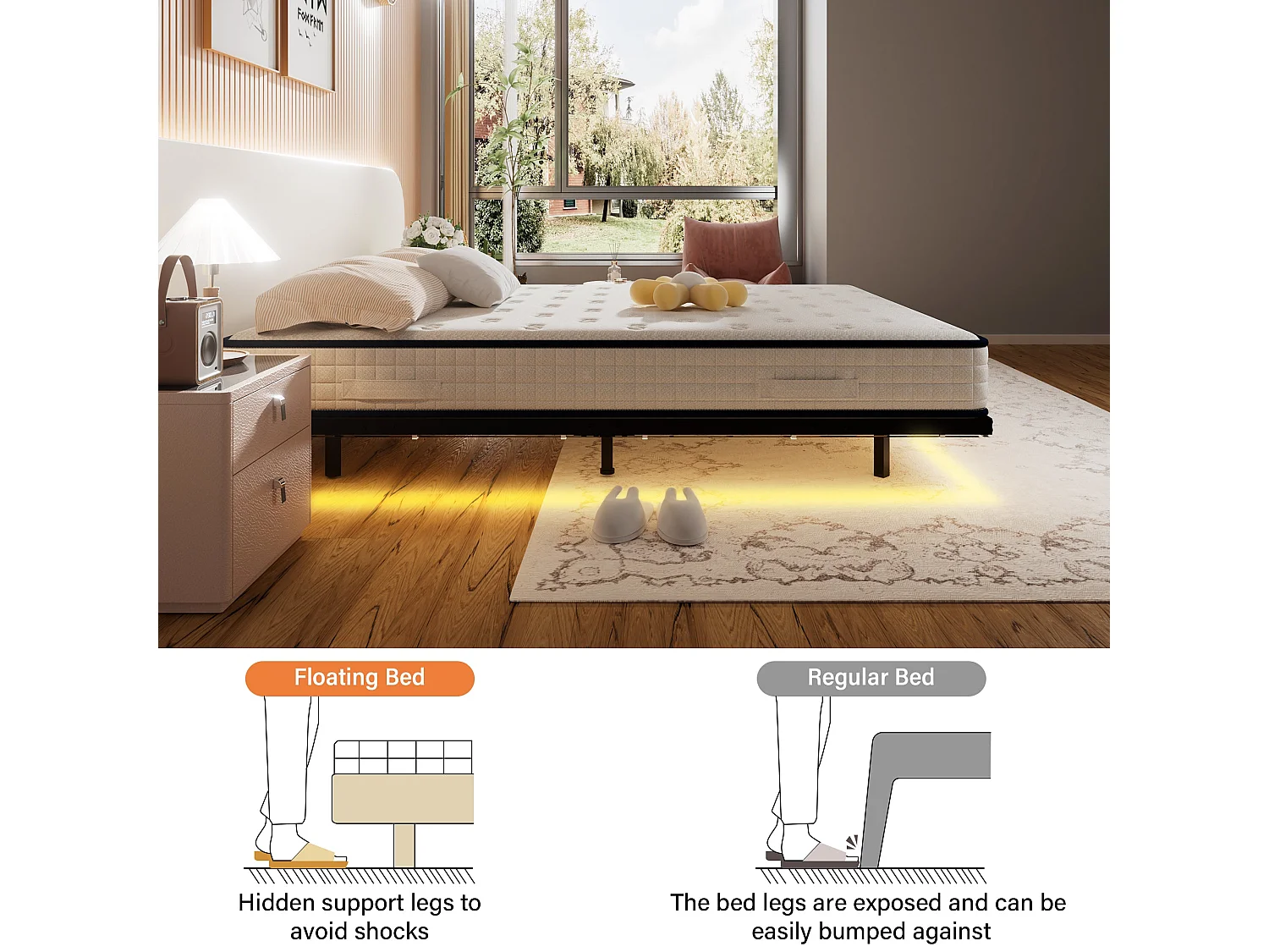 LED cadre de lit en métal, 160x200 cm, hauteur 20 cm, cadre flottant