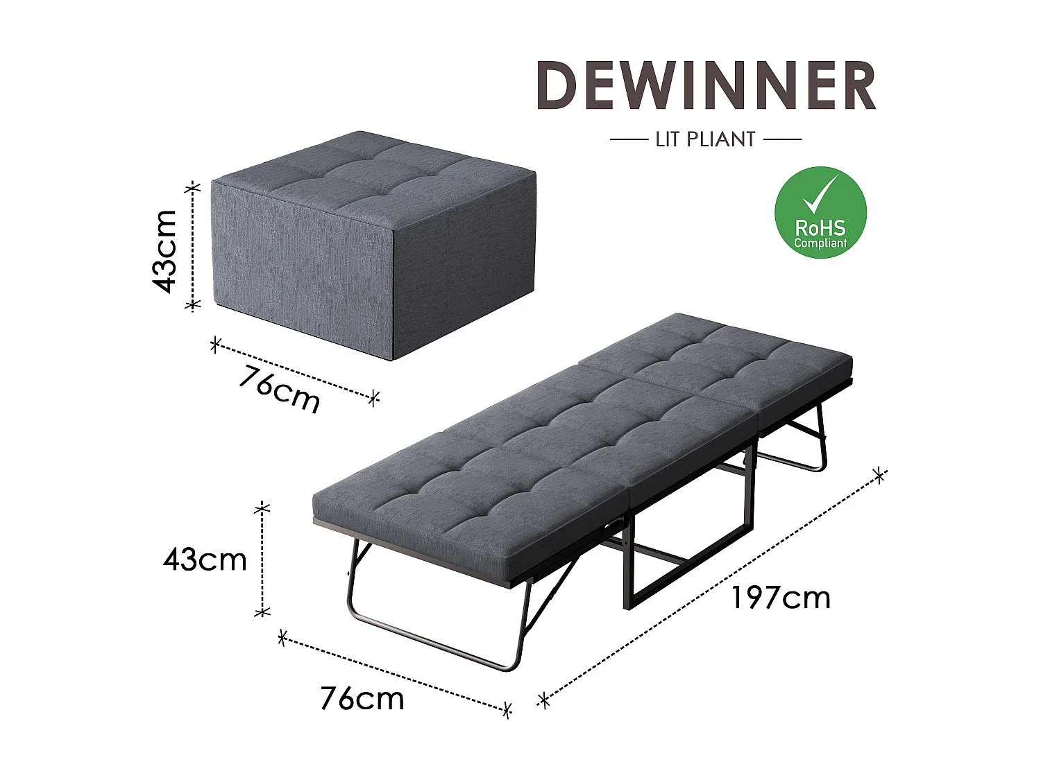 Lit Pliant 76x197 CM, Canapé-lit 1 Personne pour Adult，Dossier réglable sur 5 Positions, Aucun Assemblage requis