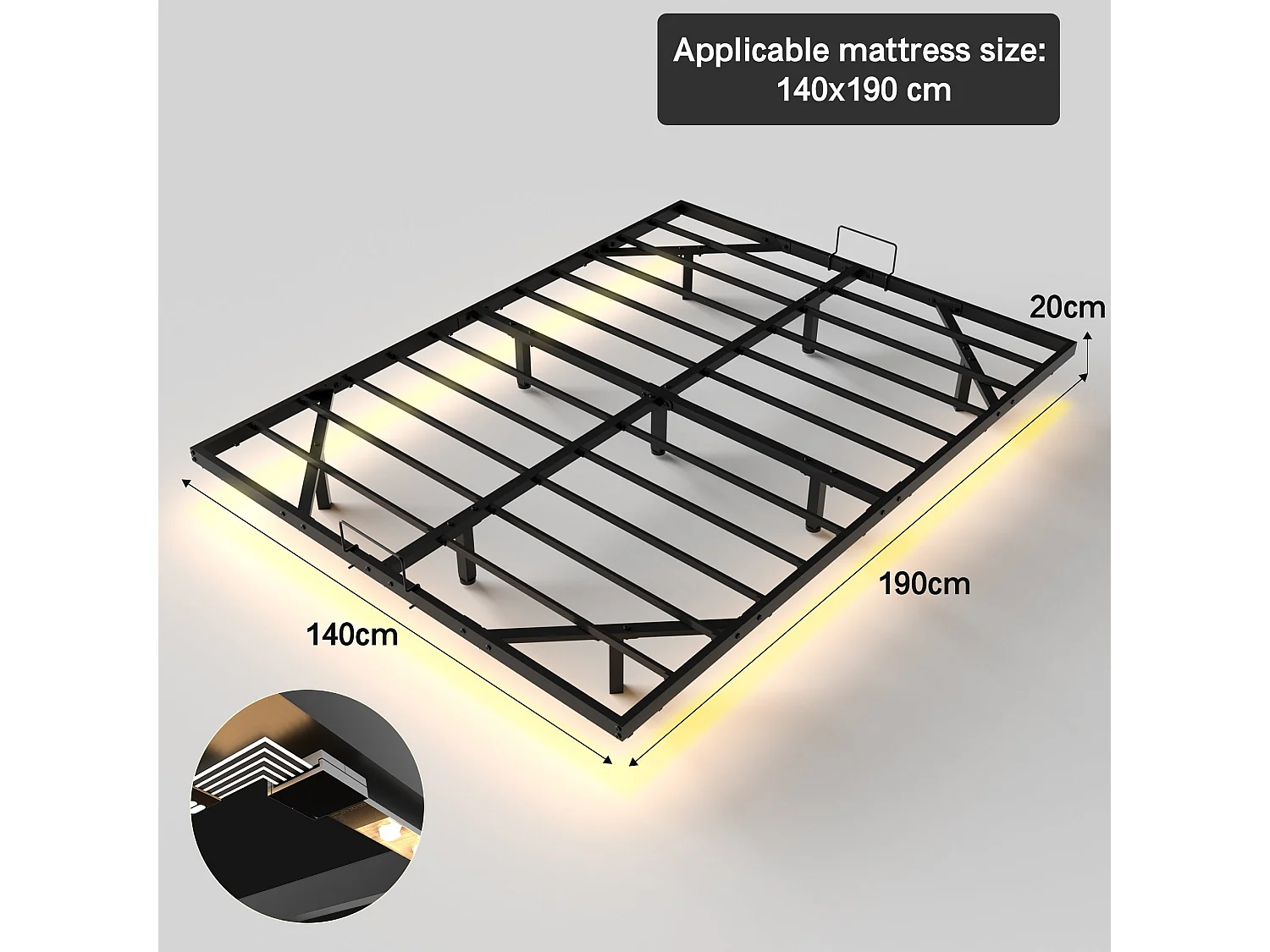 LED-bedframe van metaal 140x190 cm, hoogte 20 cm, zwevend bedframe, verborgen poten, zwart