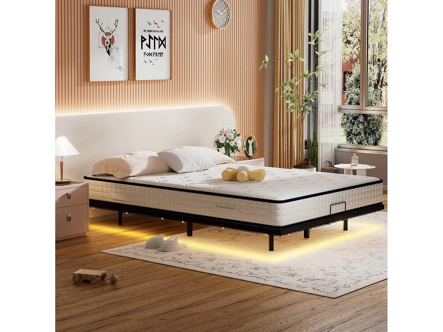 LED-bedframe van metaal 140x190 cm, hoogte 20 cm, zwevend bedframe, verborgen poten, zwart