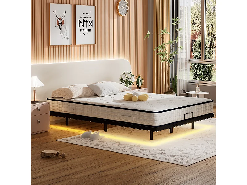 Cadre de lit LED en métal 140x190 cm, hauteur 20 cm, cadre de lit flottant, pieds dissimulés, noir