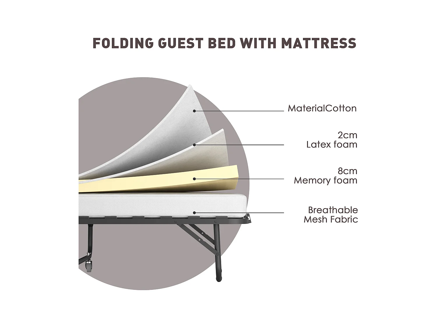 Lit pliant adulte 80x190 CM avec matelas de 10 cm