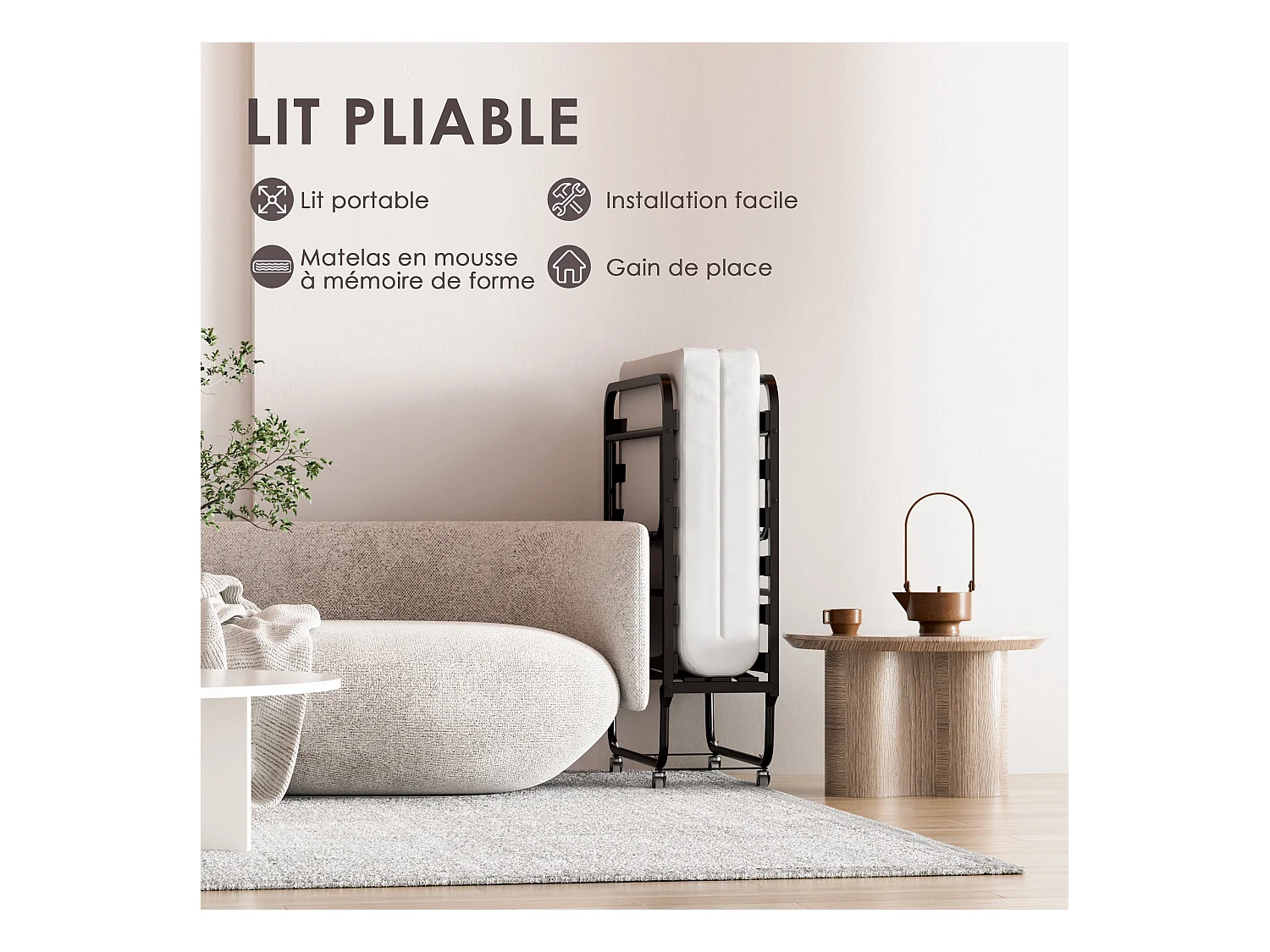 Lit pliant adulte 80x190 CM avec matelas de 10 cm