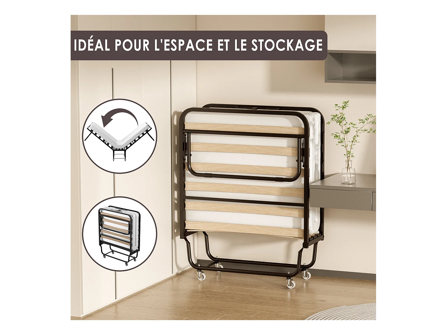 Lit pliant adulte 80x190 CM avec matelas de 10 cm