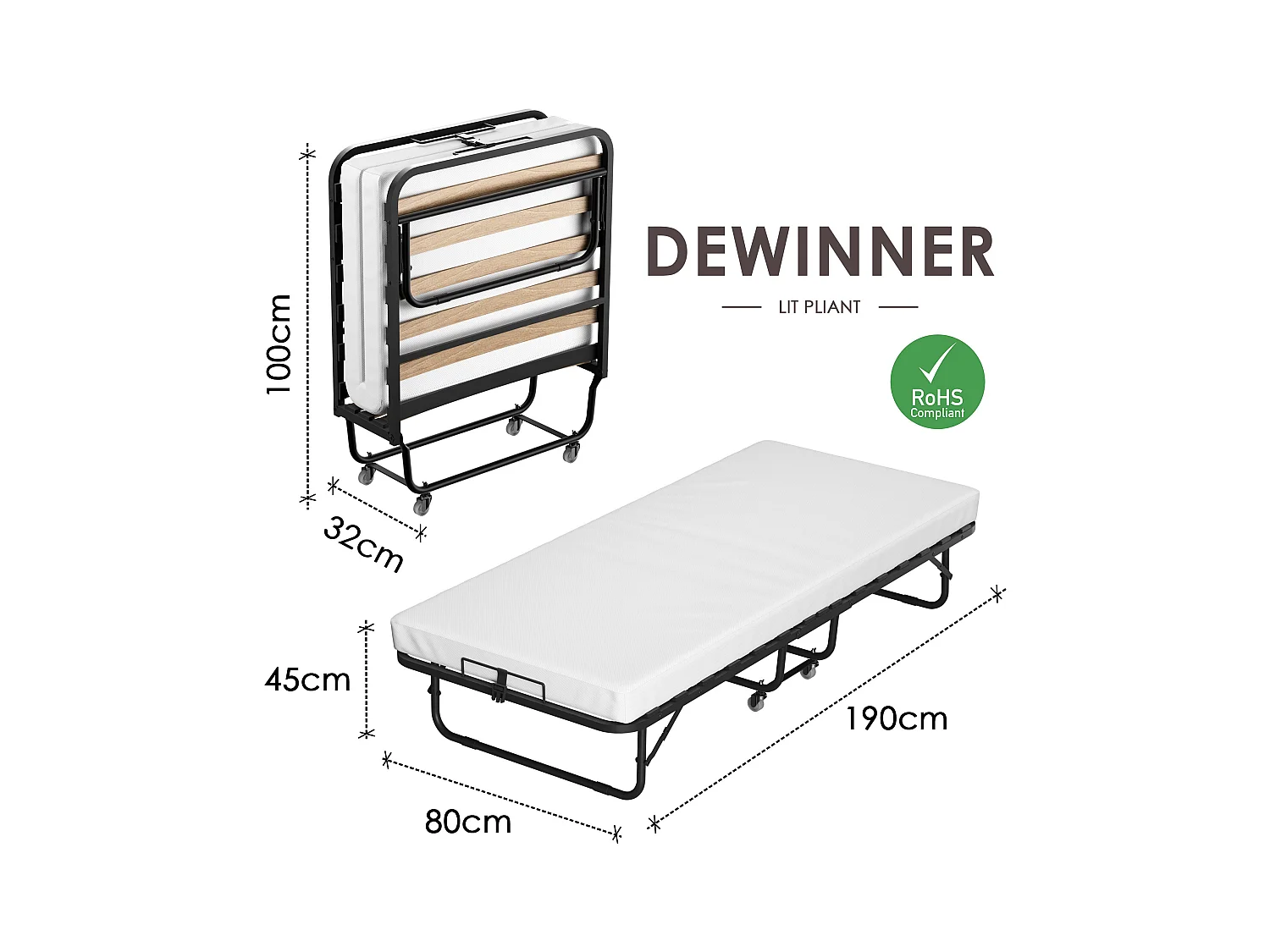 Lit pliant adulte 80x190 CM avec matelas de 10 cm