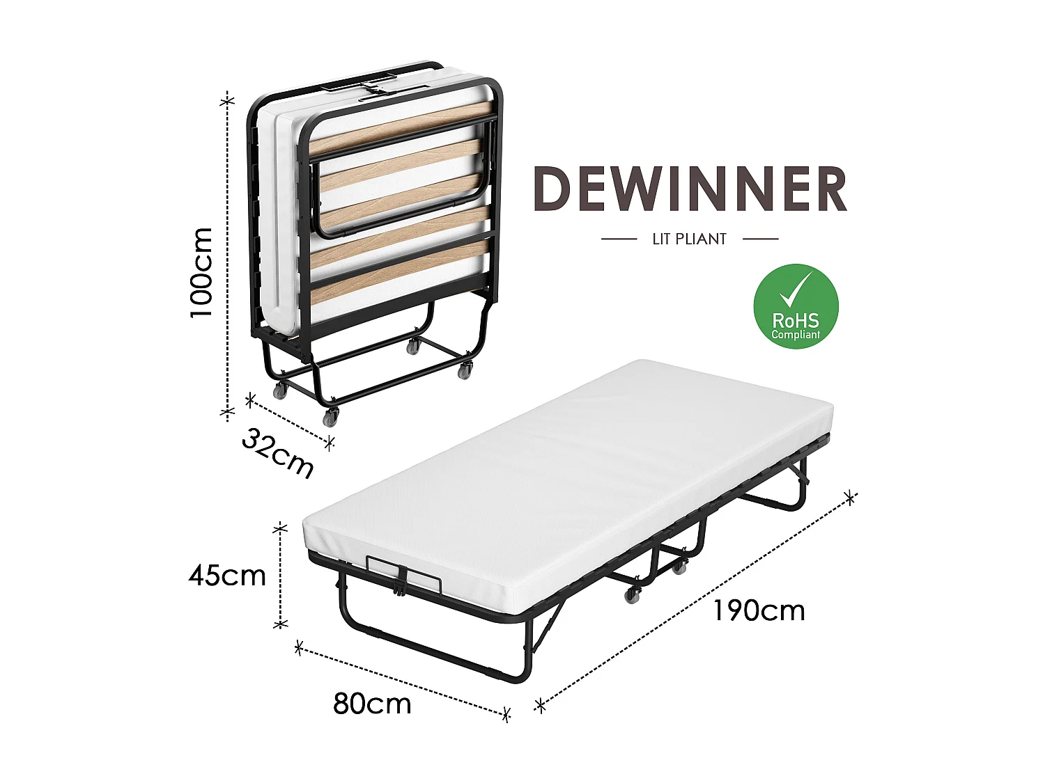 Lit pliant adulte 80x190 CM avec matelas de 10 cm