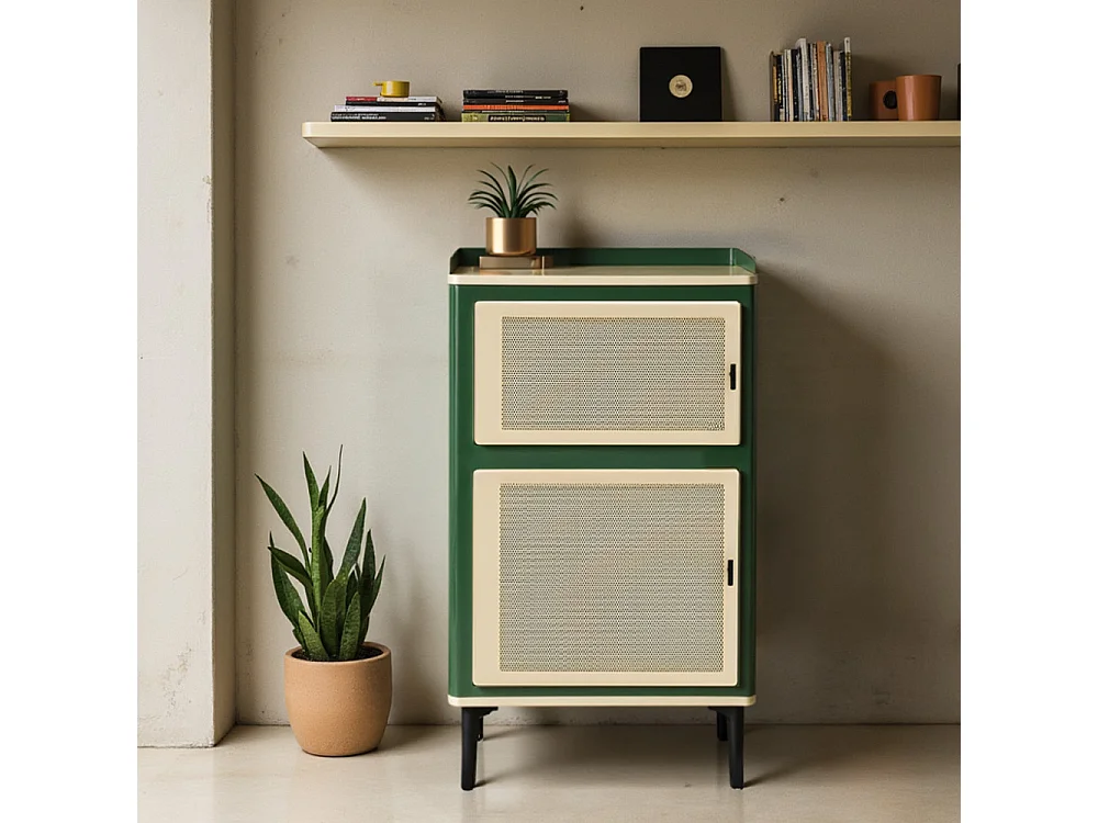 Vintagio - Petit meuble de rangement 2 portes en métal H94cm - Vert