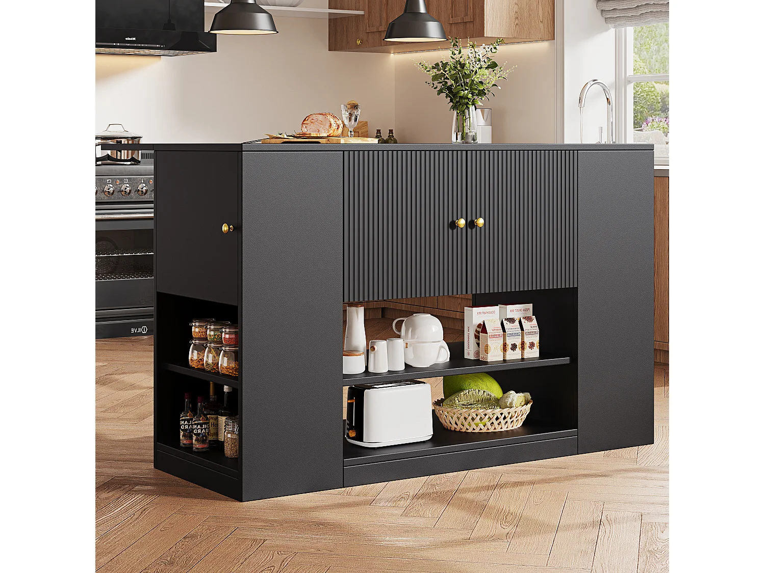 URBAN MEUBLE Îlot de cuisine noir motif ondulé extensible avec plateau pliant