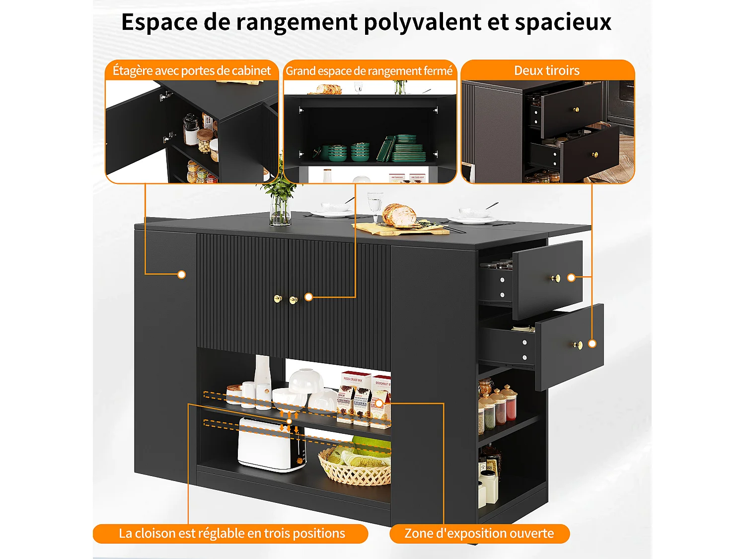 URBAN MEUBLE Îlot de cuisine noir motif ondulé extensible avec plateau pliant