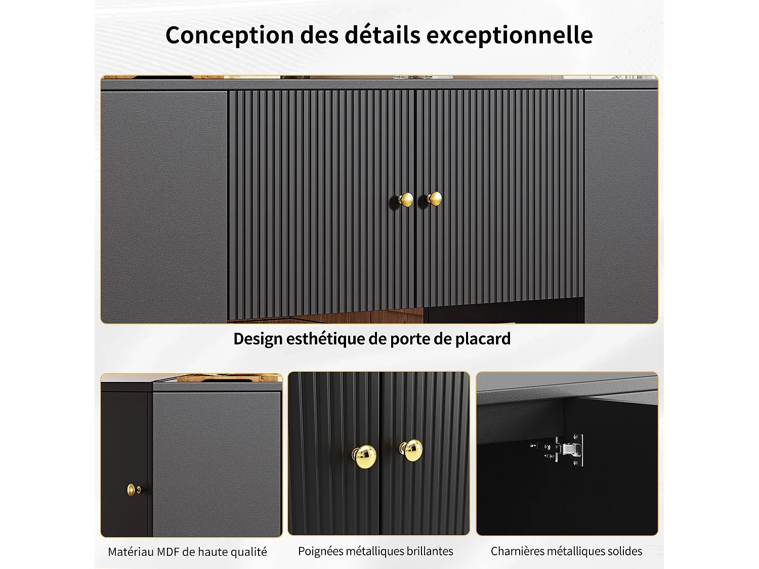 URBAN MEUBLE Îlot de cuisine noir motif ondulé extensible avec plateau pliant