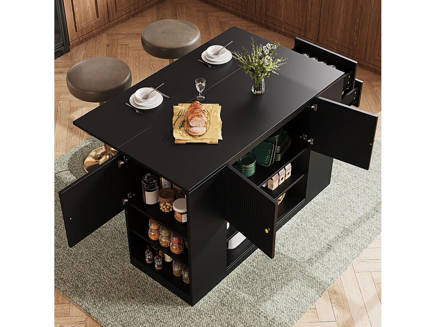 URBAN MEUBLE Îlot de cuisine noir motif ondulé extensible avec plateau pliant