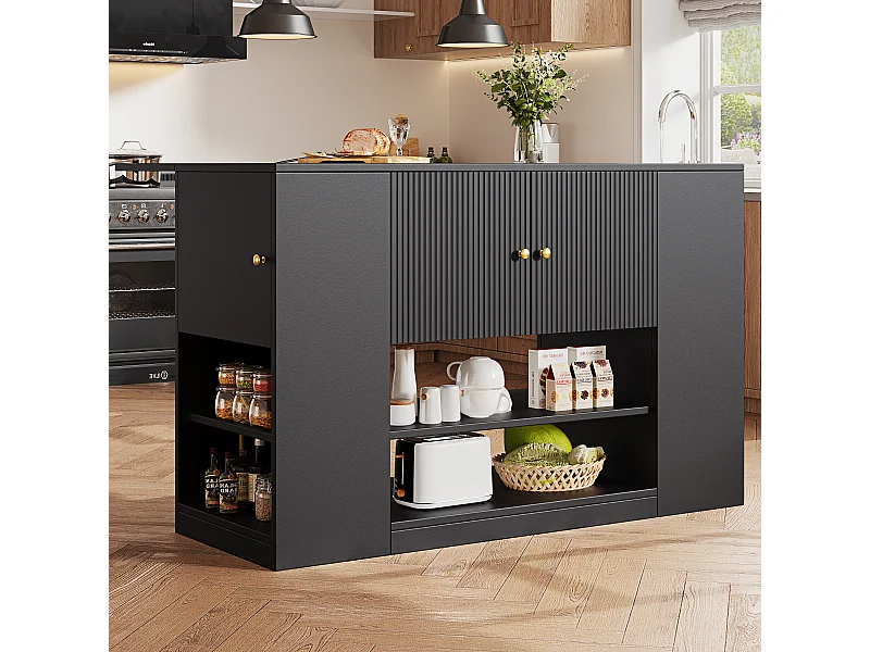 URBAN MEUBLE Îlot de cuisine noir motif ondulé extensible avec plateau pliant