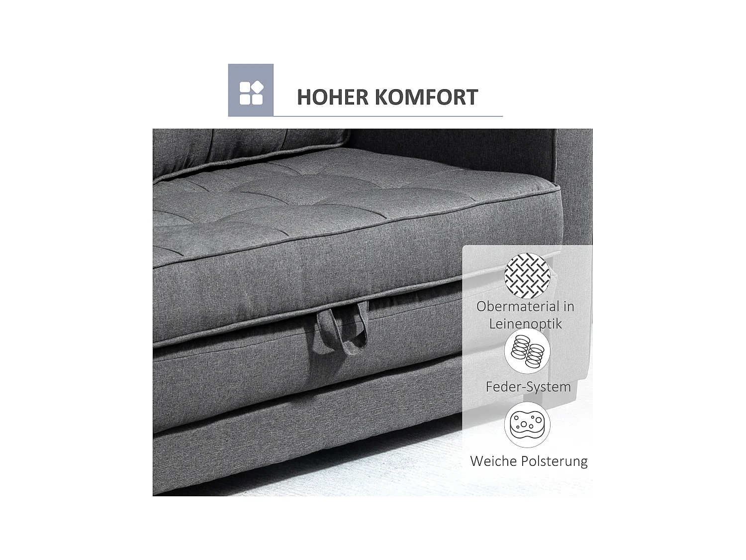 Canapé-lit 2 places, tissu lin, structure bois de caoutchouc, gris (147.5x75x85 cm)