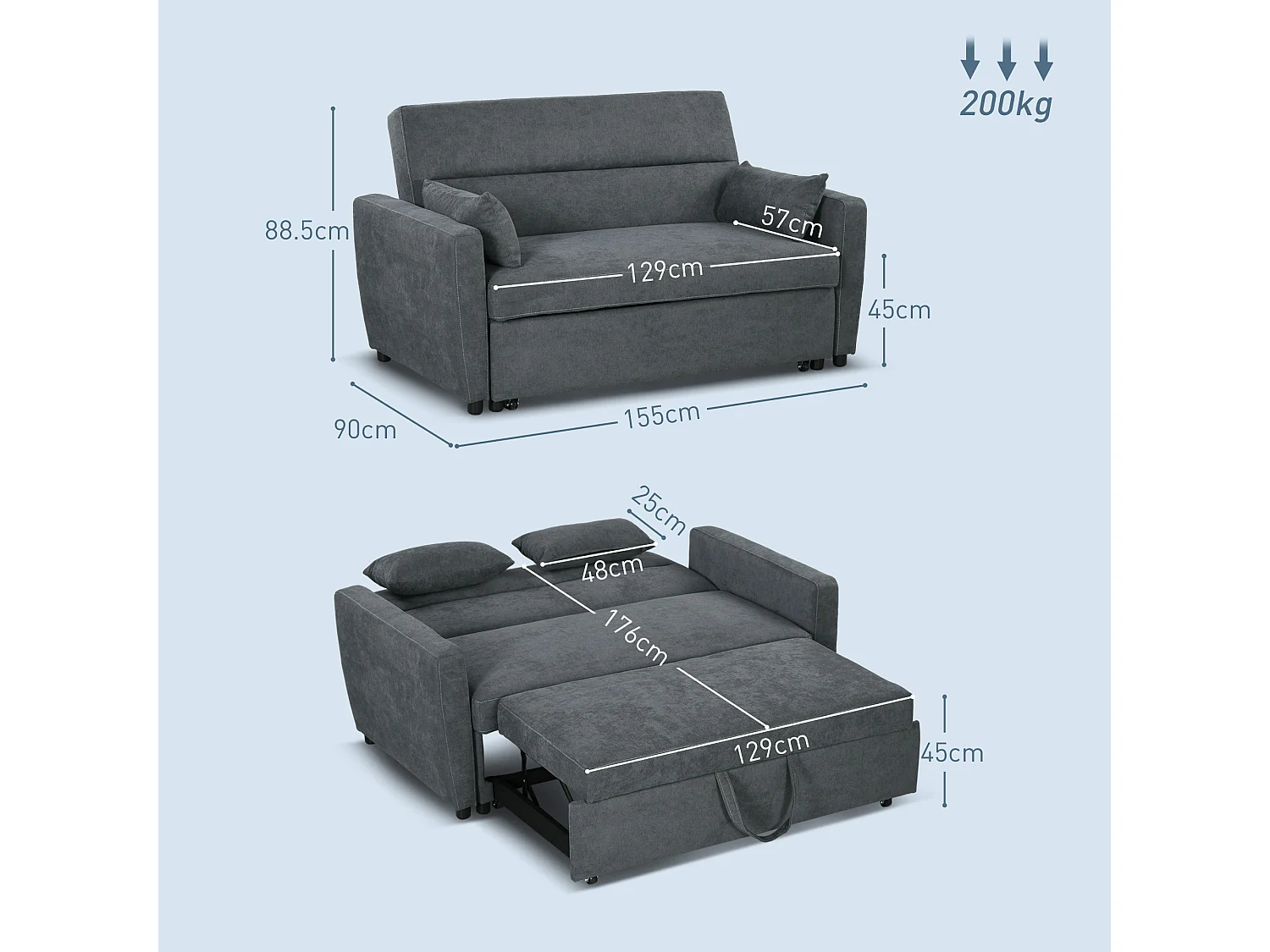 2-zits slaapbank met bedfunctie, verstelbare rugleuning, decoratieve fluwelen kussens, grijs (155x90x88,5 cm)